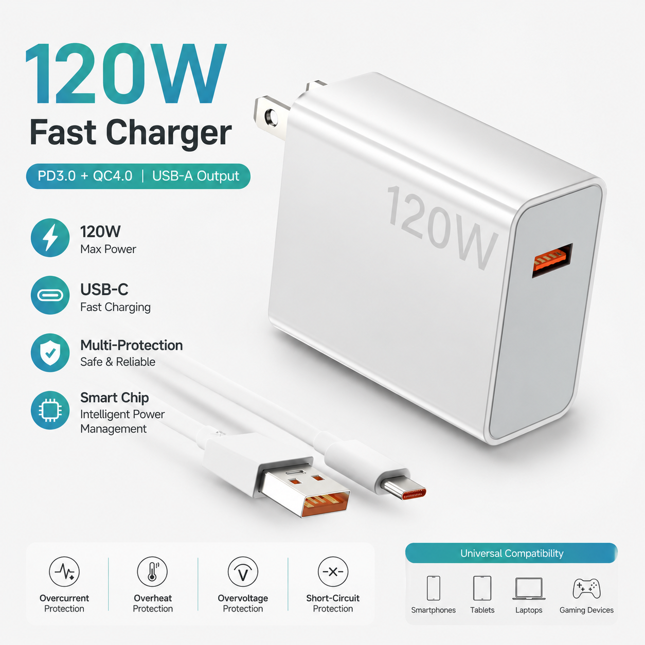 قوة شحن 120W شحن سريع وثابت أداء عالي بدون سخونة   